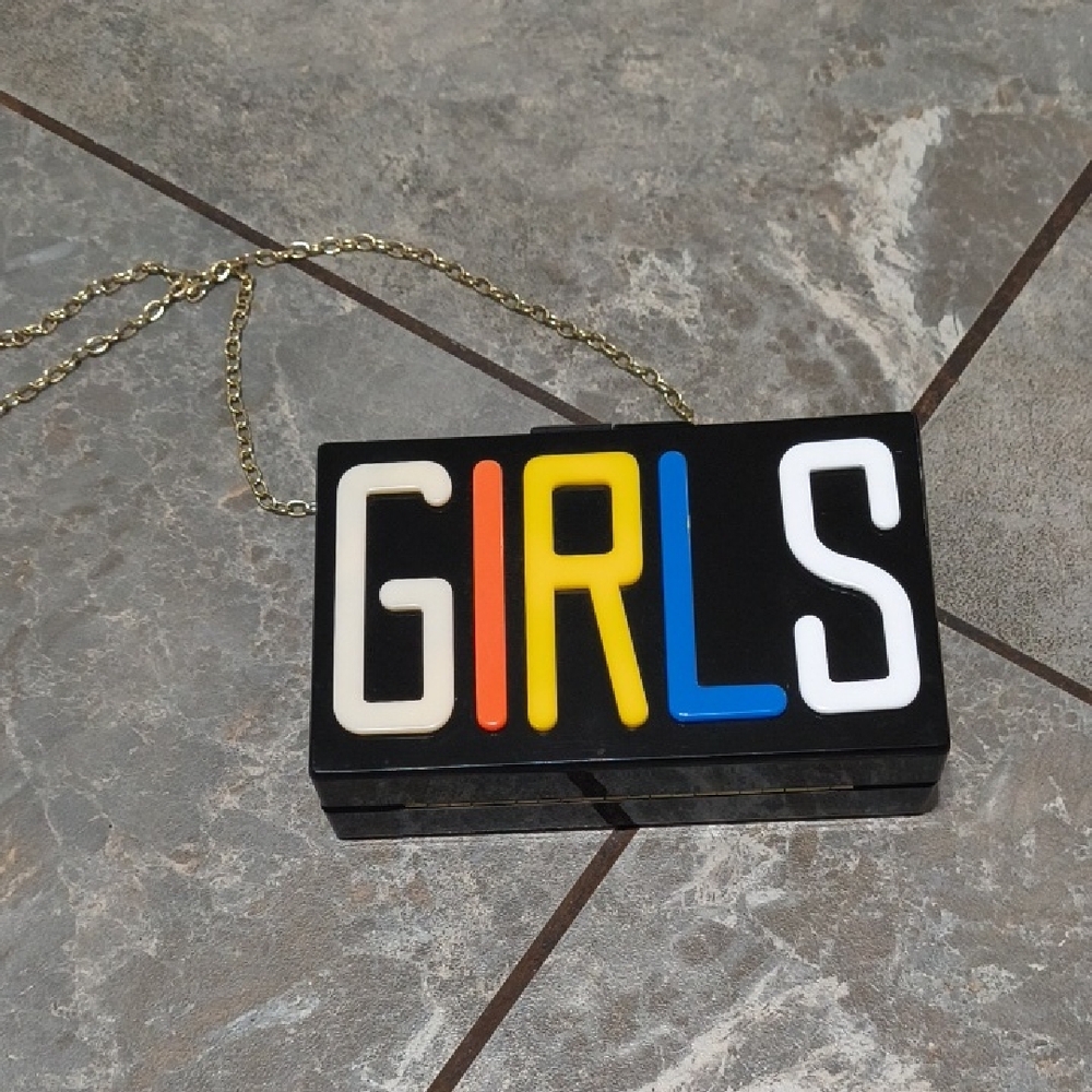 Black 'GIRLS' Acrylic Box Clutch with Colorful Lettering